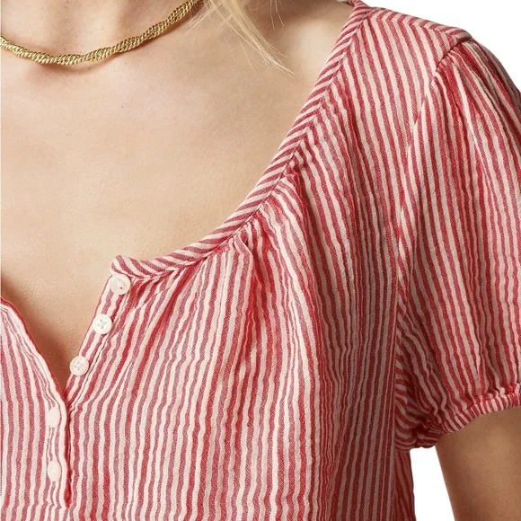 J Crew Puff Sleeve Henley Top Striped Gauze Cotton Red/White Sz M Like New - Picture 3 of 8